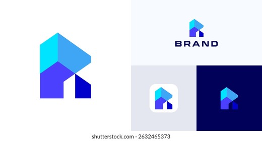 Letter R with modern home building construction logo icon design vector editable, Symbol initial alphabet with house geometric blue color for brand identity and business company