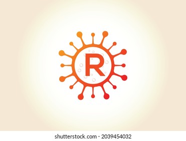 Letter R monogram alphabet with Coronavirus cells. Lab logo sign symbol design vector template. Font emblem. Coronavirus (Covid-19). Stop Coronavirus