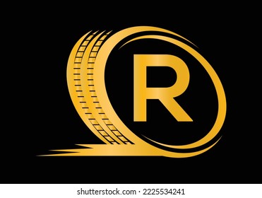 Letter R monogram alphabet With a Sport Car Automotive Car Repair Logo Design Concept With Transport Tire Icon Vector Template.