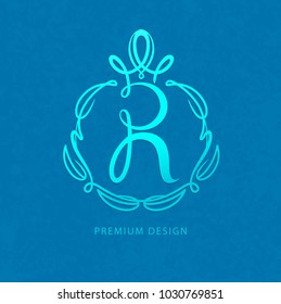 Letter R. Monogram design elements, template on a blue background. Calligraphic elegant line art logo design.  Vintage Insignia or Logotype. Business sign, identity, label, badge, Cafe, Hotel