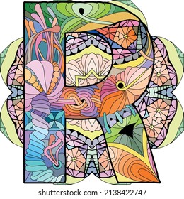 Letter R monogram, engraving design on mandala. Vector illustration.