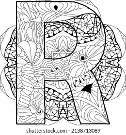 Monograma de letra R, diseño grabado en mandala para colorear. Ilustración vectorial.