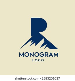 Letter R monogram logo. Alphabet initial peak icon. Abstract bold lettering sign. Mountain shape, landscape, outdoor adventure image. Nature, environment, travel brand.