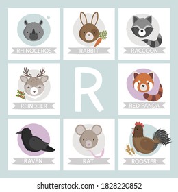 Letter R named animals. Cute animals alphabet for kids from A to Z. Cartoon animals card. Vector illustration