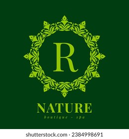 letter R nature border wreath initial logo for boutique spa and beauty wellness
