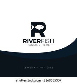 letter R with negative space fish logo icon template