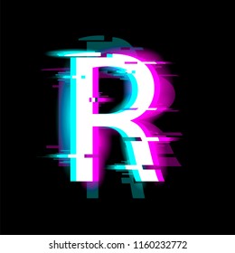 The letter R with neon and glitch effects. English alphabet. Vector.