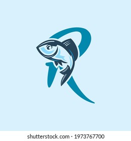 letter r and nice fish logo, drawing fresh water fish vector illustrations