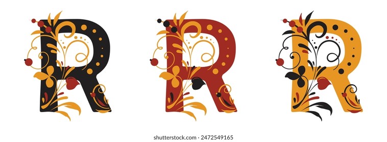 The letter R in the old Russian style in three versions with beautiful curls. Traditional Russian floral motifs. For monogram, invitations, wedding, decoration.