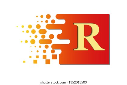 letter R on a colored square with destroyed blocks on a white background.