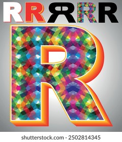 Letter R on triangular pattern mosaic royalty vector, Colorful triangles form R mosaic design, This graphic design is set against R white triangular background, Polygonal 3D Alphabet R, A to Z Letter,