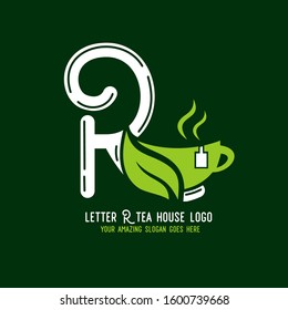 Letter R Organic Tea House Logo Template Design Vector Illustration with Cup on Green Background.Hot and Cold Beverage Logo for Company.Corporate. Business.Bar.Café.Restaurant