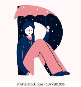 Letter R original vector hand drawn illustration of a raining man. A sad dreamy boy with umbrella under the rain illustration. Hand drawn image for children books.