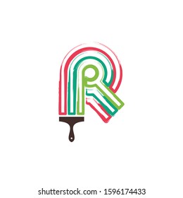 Letter R Paint Brush Logo Design. Home Building Decoration Icon Graphic. Digital Painting Profesional Vector.