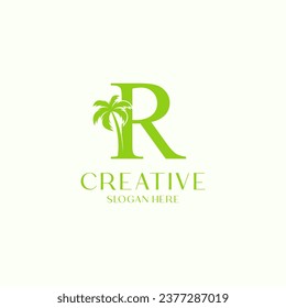 Letter R Palm Leaf Tree Logo Design Template