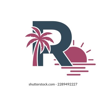 letter r with palm tree, sea and sun. vacation alphabet logotype symbol. summer and exotic tourism design. isolated vector image