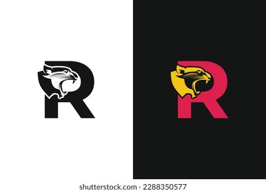 Letter R with panther head illustration in flat design monogram symbol. R panther head icon logo vector.