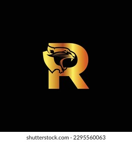 Letter R with panther head illustration in flat design monogram symbol.