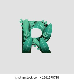Letter R Paper Cut Style Design With Green Leaf Beautiful Ornament Handcraft White Background. Vector Stock Illustration