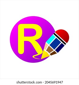 Letter r with pencil in dots, colorful clipart. Simple, beautiful and cool vector graphic resource