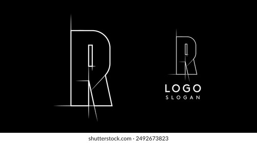 Letter R pencil drawn, architectural blueprint logo design, construction plan, technical drawing. Ideal for corporate branding, industrial projects, engineering firms. Vector illustration