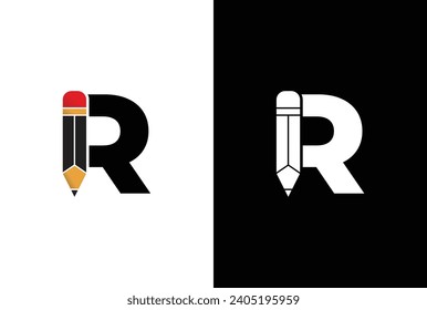 Letter R Pencil Logo Design. Letter R Pencil Vector Icon Graphic Illustration Background Template.