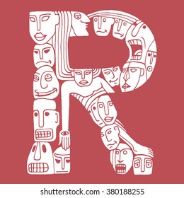 Letter R. People crowd. Isolated alphabet design. Hand drawn vector illustration in cartoon style