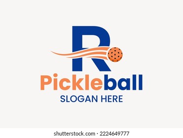 Letter R Pickleball Logo Concept With Moving Pickleball Symbol. Pickle Ball Logotype Vector Template