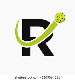 Letter R Pickleball Logo Concept With Moving Pickleball Symbol. Pickle Ball Logotype