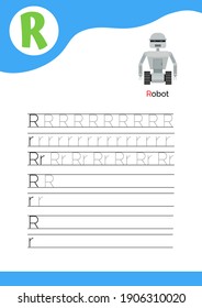 Letter R with a picture of robot and seven lines of letter R writing practice. Handwriting practice and alphabet learning. Vector illustration.