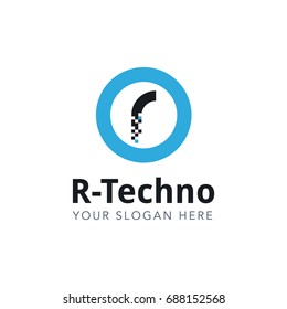 Letter R Pixel Logo Design Template With Blue Circle Isolated on White Background. Vector Illustration