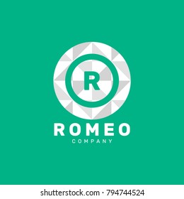 Letter R Pixel Logo Design Template With White Circle Isolated on Green Background. Vector Illustration