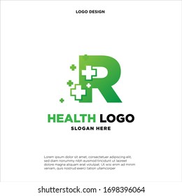 Buchstabe R Pixel-Logo, Plus-Zeichen-Logo, Symbol für Krankenhäuser im Gesundheitswesen, Technologie und digitales Logo
