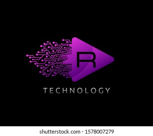 Letter R Play Logo Icon.Triangle and digital line shape icon perfect for music, audio and movie icon design company.