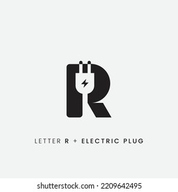 Letter R plus negative space electric plug logo icon