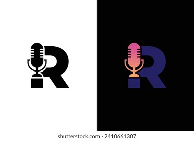 Letter R with podcast logo. R with suitable for podcasting, internet, brand, musical, digital, entertainment, studio template illustration.