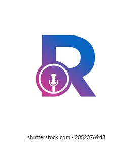 Letter R Podcast Record Logo. Alphabet with Microphone Icon Vector Illustration