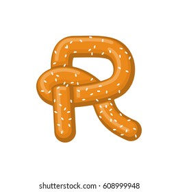 Letter R pretzel. snack font symbol. Food alphabet sign. Traditional German meal is ABC. Bake 
