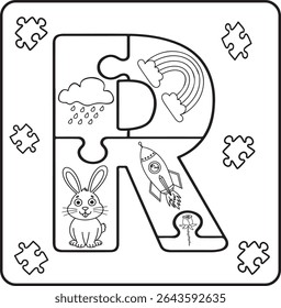 Letter R Puzzle Alphabet  with Objects kids coloring books for kids
