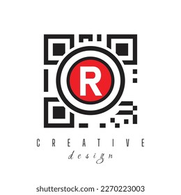 Letter R with QR Code and Barcode Logo Design. Circle Rounded Logo on White Background