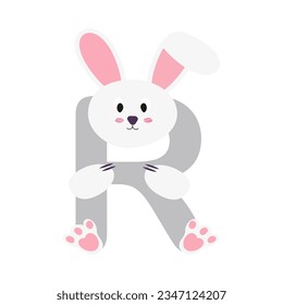 Letter R. Rabbit . Alphabet for children. Vector graphics in flat cartoon style