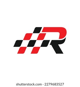 letter R and racing flag for racing and automotive logo designs