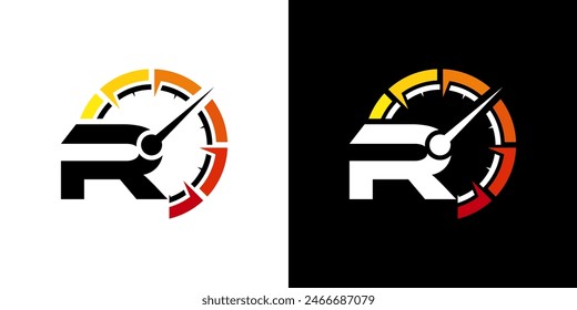 Letter R racing logo, with logo speedometer for racing, workshop, automotive