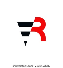 Letter "R" in red with a black shape resembling digging equipment.  suggests direction, industrial processes, potentially related to the mining and digging industry, or a brand with "R" initials