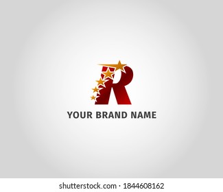 letter R red metallic with five golden star logo template