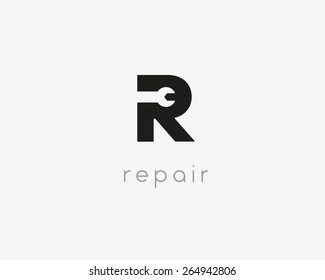 Letter R repair car phone service tool shop sign logo design template. Negative space idea wrench icon vector creative mechanic symbol logotype. 