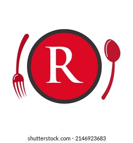 Letter R Restaurant Logo. Restaurant Logotype On Letter R Spoon And Fork Concept Vector