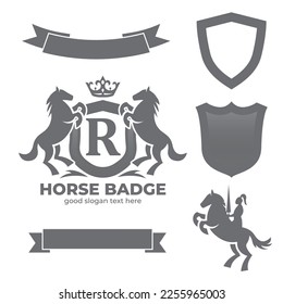 Letra R Retro Crest con escudo y dos vectores de caballos, escudo heráldico con corona, silueta de caballo