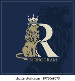 Letter R with Roaring Lion. Artistic Design. Crown is at the Top. Creative Logo with Royal Character. Luxury Style. Silhouette of a Wild Beast on the Background. Animal Emblem. Vector Illustration