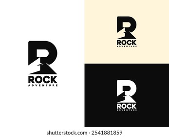 Letra R Rock Rocky con Top Mountain Summit Marca de palabra de la cumbre para el diseño de logotipo de aventura al aire libre